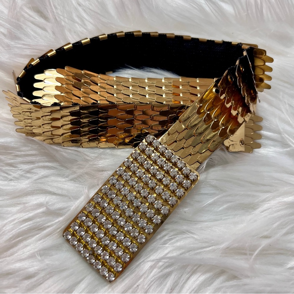 Vintage Metallic Gold Scale Belt w/ Rhinestone-Encrusted Buckle